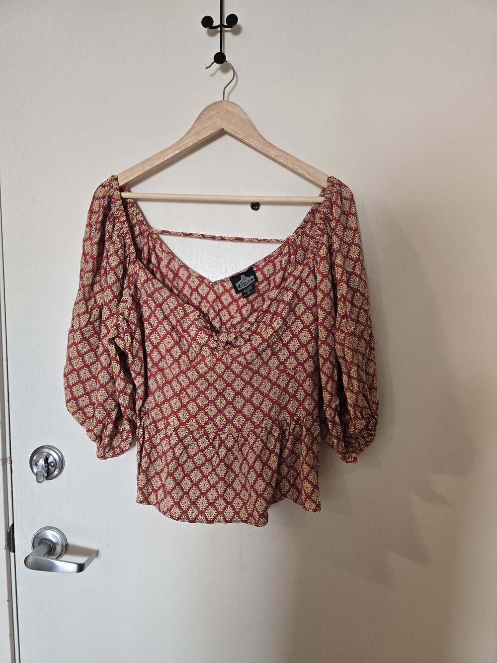 Angie Red and Cream Printed Peasant Top